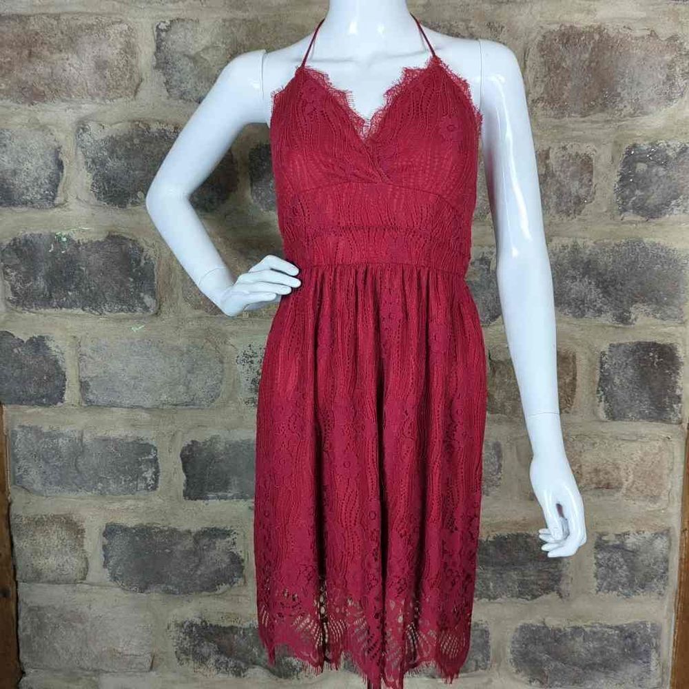 AOOKSMERY Burgundy Lace Halter Midi Dress Womens Small Open‎ Back Cocktail Red